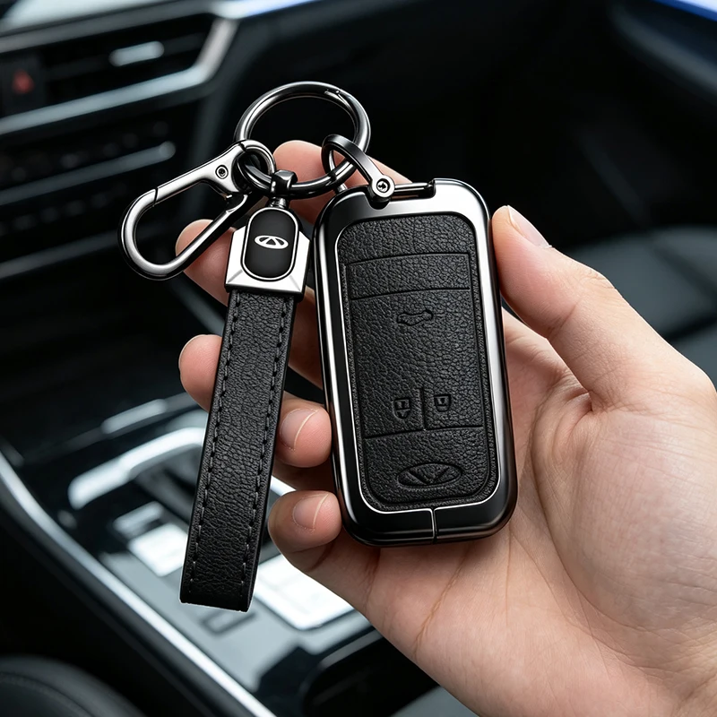 Zinc Alloy Leather Car Remote Control Key Case Cover for Chery Tiggo 8 Automotive Protection Shell Key Interior Accessories