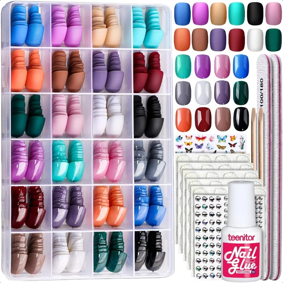 

24Pack Short Pr On Nails 576Pcs Round Pr On Nails Matte and Glossy Short Fake Nails With Glue