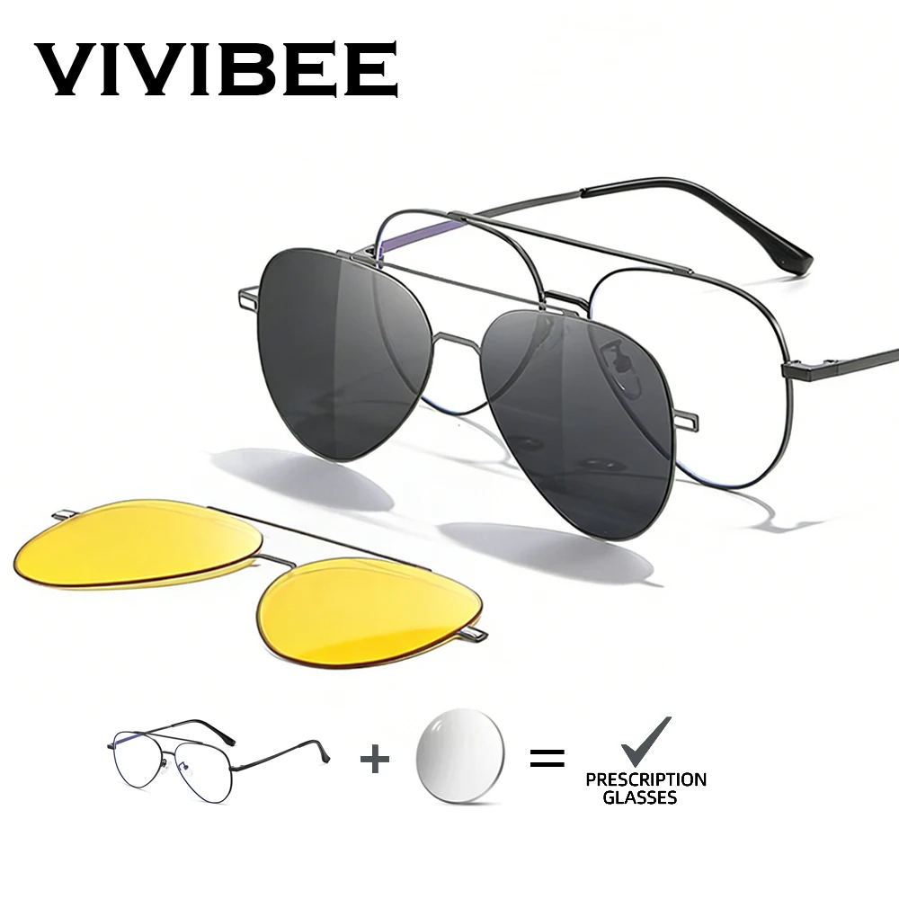 VIVIBEE Customized Magnetic Clip on Pilot Prescription Glasses Titanium Aviation Hyperopia Sunglasses Optical Eyeglasses Myopia