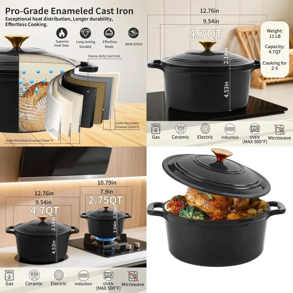 

Серая эмалированная голландская духовка 4,7QT с крышкой, круглый горшок для выпечки, тушения, обжарки, раковины — безопасная для духовки и индукции