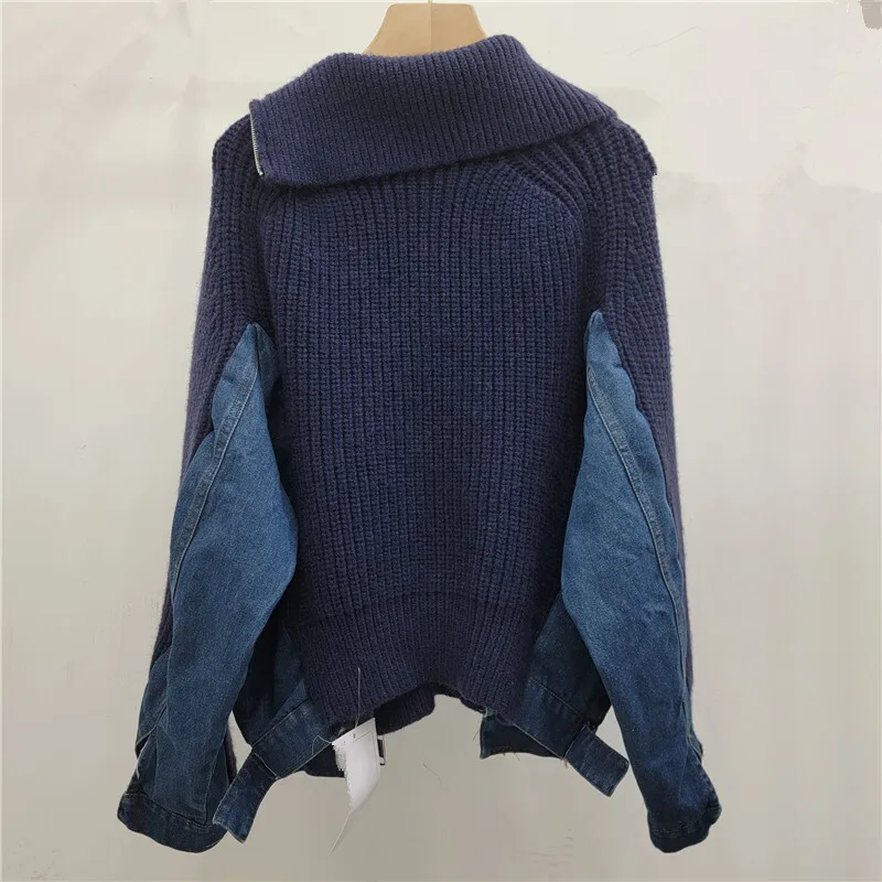 [EWQ] Denim Patchwork Irregular Stand Collar Long Sleeve Knitted Cardigan Fashion Women Sweater Jacket 2024 Autumn New 16O2554