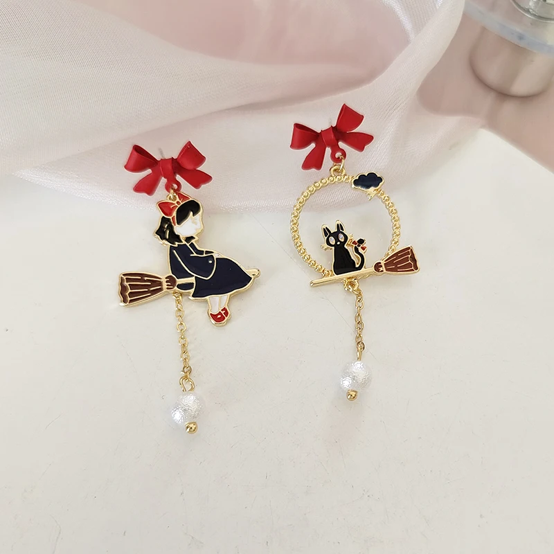 1Pair Cartoon Cute Cat Broom Earrings for Women Personality Girl Enamel Pearl Earrings Asymmetric Earrings Daily Decoration