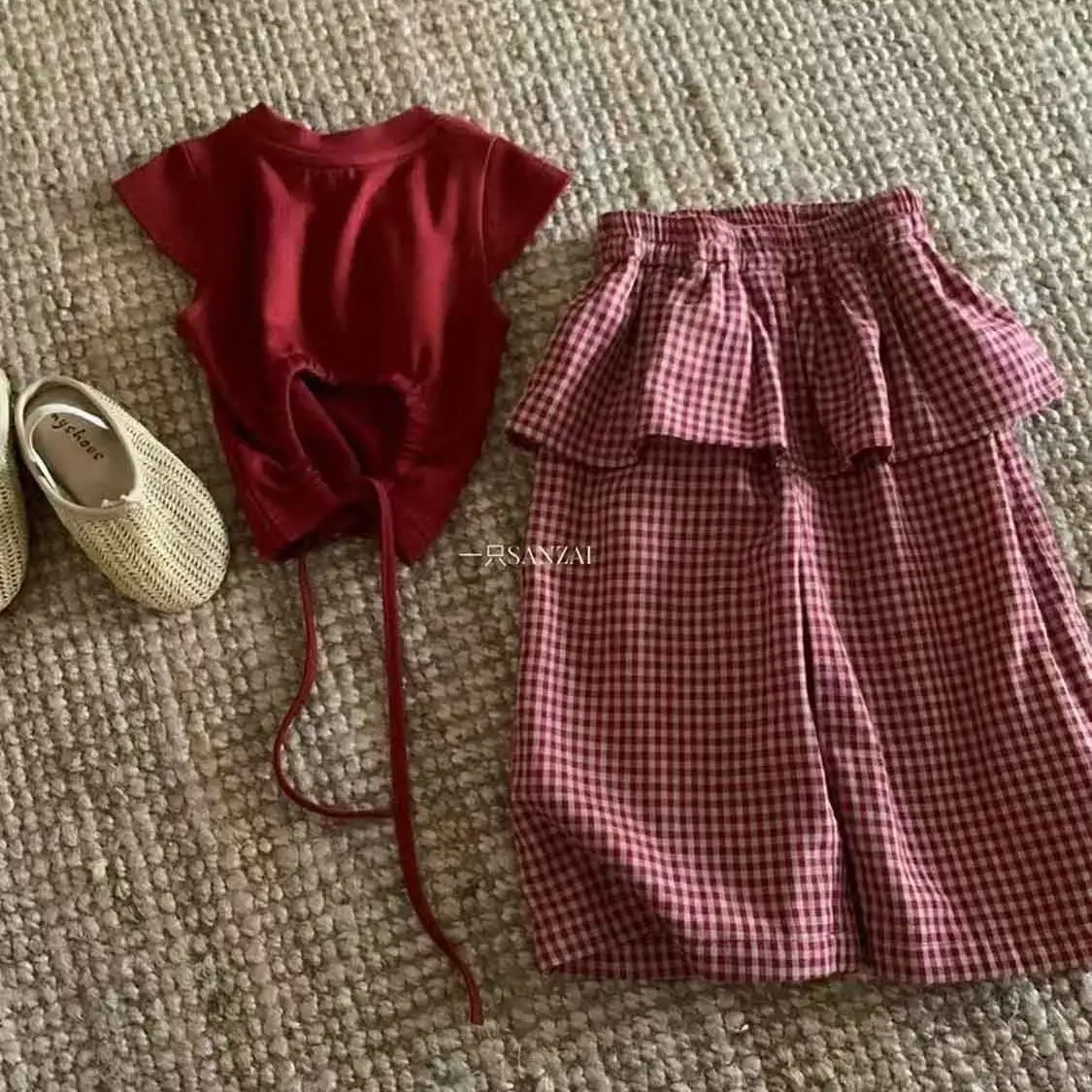2026 New Summer Korean Kids Girls Backless Tie Up Tee Red Plaid Tail Design Wide Leg Pants Set Casual Daily Wear Outfits