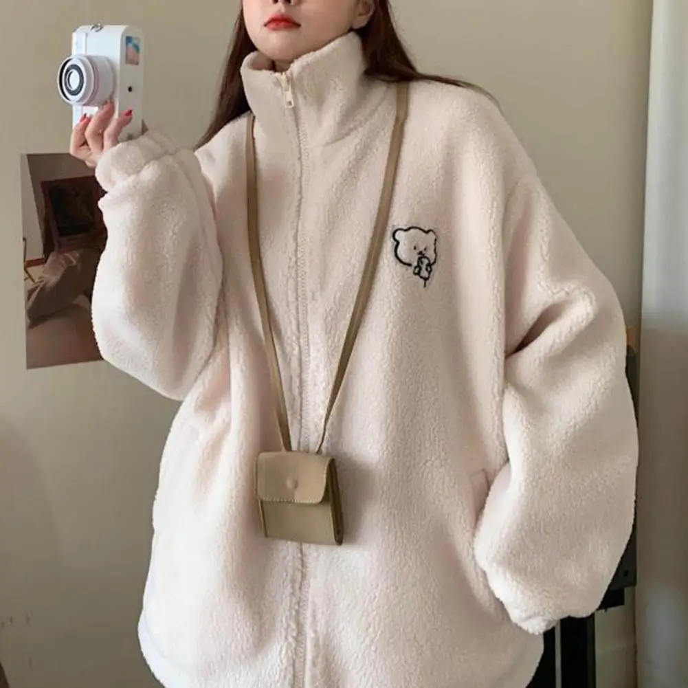 Imitation Lambswool Jacket Zipper Placket Sweatshirt Coat Thickened Plush Winter Jacket with Cartoon Bear Pattern Cozy for Women