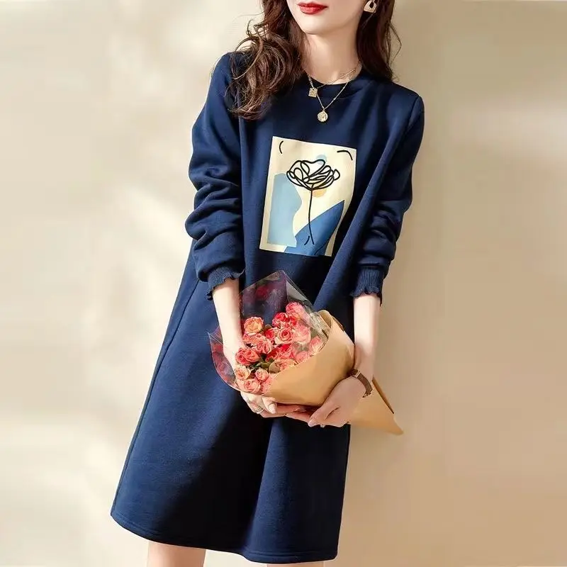 Spring and Autumn Women's Pullover Round Neck Solid Plant&Flowers Printed Petal Sleep Floral Fashion Casual Office Lady Dress