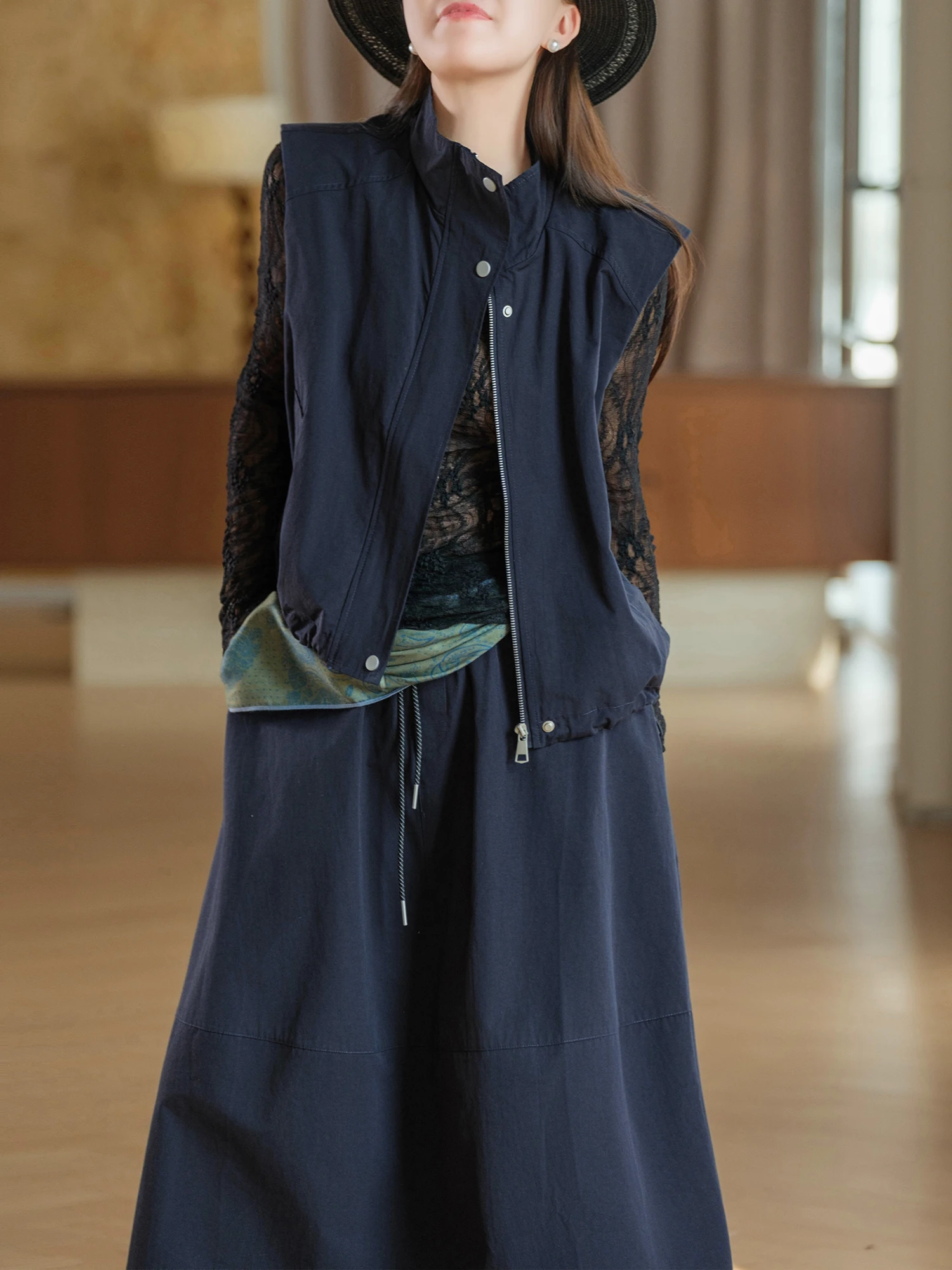 Functional Style Cotton Blend Vest And Skirt Set Loose Fit Stand Collar Half Body Skirt for Women by Xiao Er Production