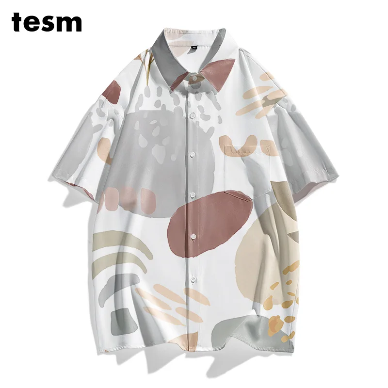 

TESM Летняя мужская повседневная рубашка - абстрактный художественный принт с коротким рукавом, свободная модная уличная одежда TikTok, рубашка в модном стиле для отца и сына