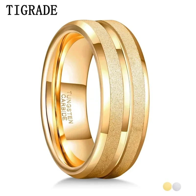 Tigrade 8MM Tungsten Carbide Rings For Men Sandblasted Beveled Edge Grooved Polished Silver/Gold Wedding Band Anillo Comfort Fit