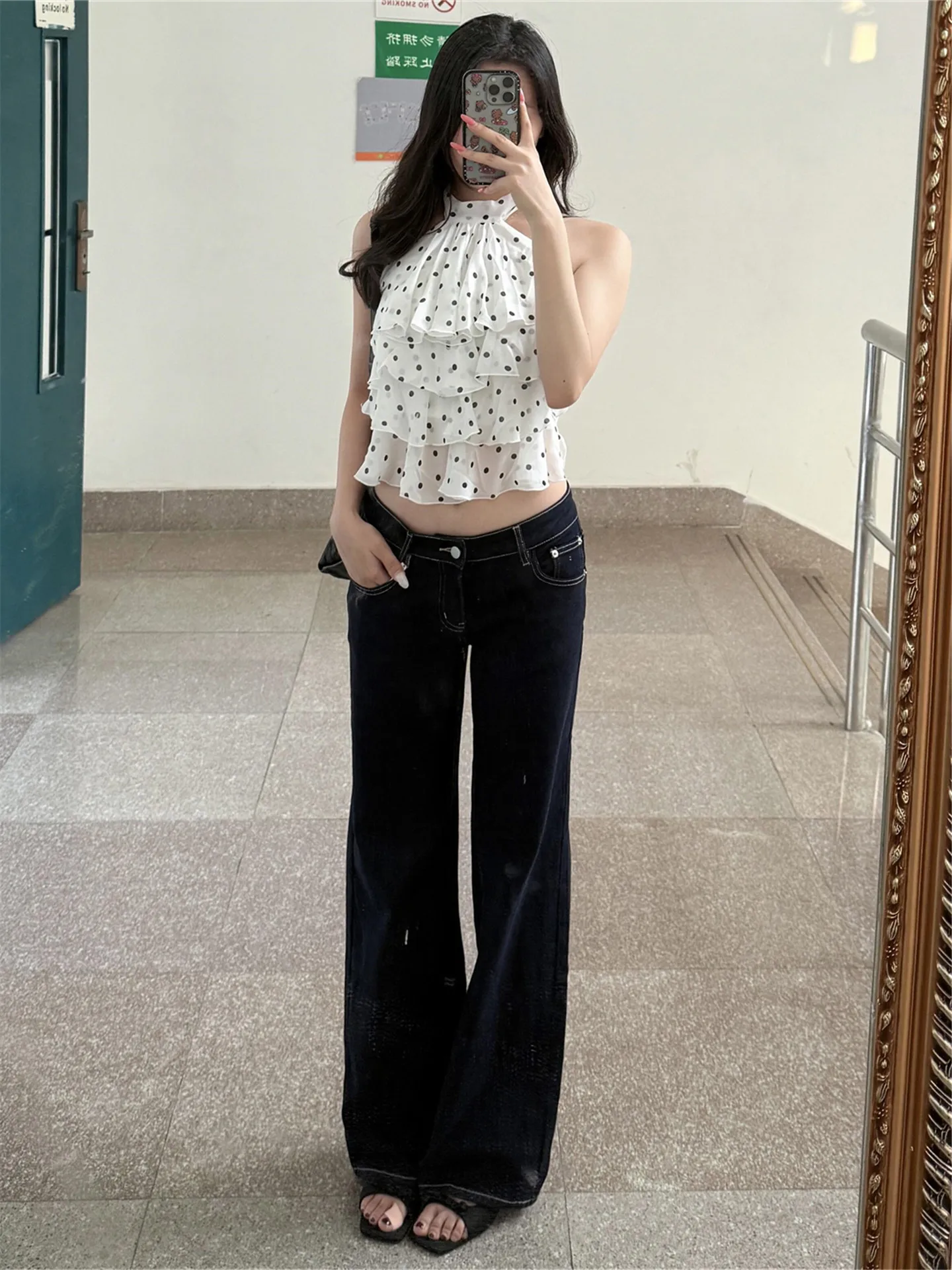 

American Vintage Low Waist Bell Bottom Jeans Women Summer Loose Slimming Casual Deep Blue Color Classic Cotton Denim Pants