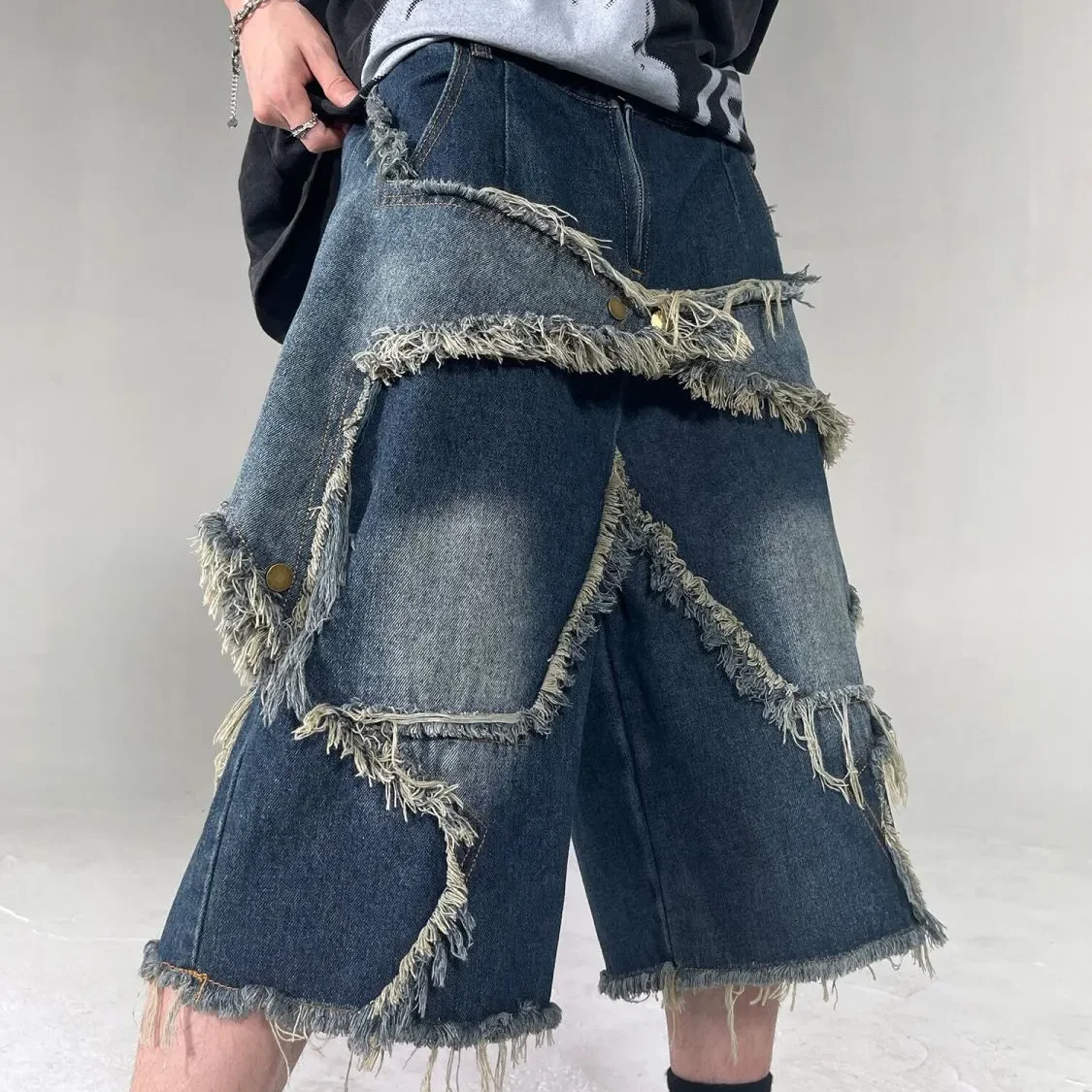 

Goth High Waisted Retro Star Patch Tassel Women Denim Shorts Loose Vintage Casual Hip Hop Street Couple Pants Sports Sweatpants
