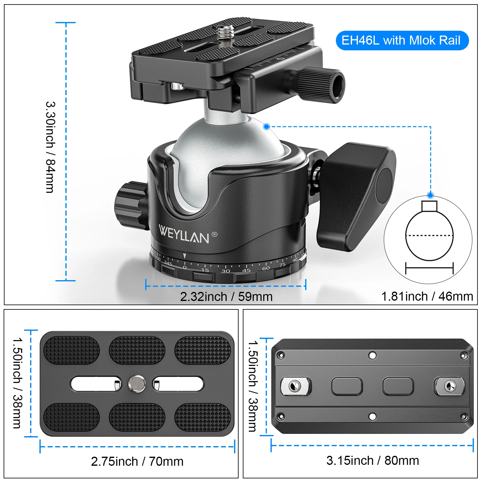 WEYLLAN EH46L Tripod Ball Head Professional Ballhead Aluminum Panoramic 46mm Ball for Tripod Monopod Load 25kg w M-LOK Arca Rail