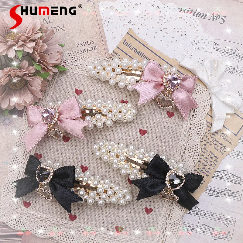 Handmade Hair Accessories Japanese Style Sweet Pearl Bow Rhinestone Love Heart Hairclips Accessories Cute A Pair of Side Clip