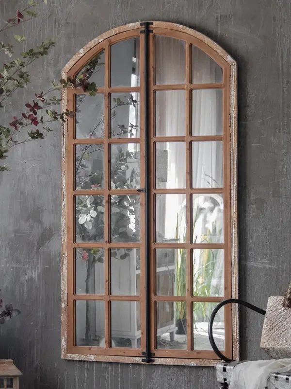 American rural solid wood door panel full-length mirror hanging wall decorative mirror wall hanging creative fake window retro