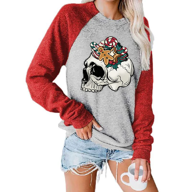 

Autumn And Winter Women Long Sleeve Casual Tee Shirt Christmas Skull Gingerbread Sweatshirts Long Sleeve Loose Oversized T Shirt