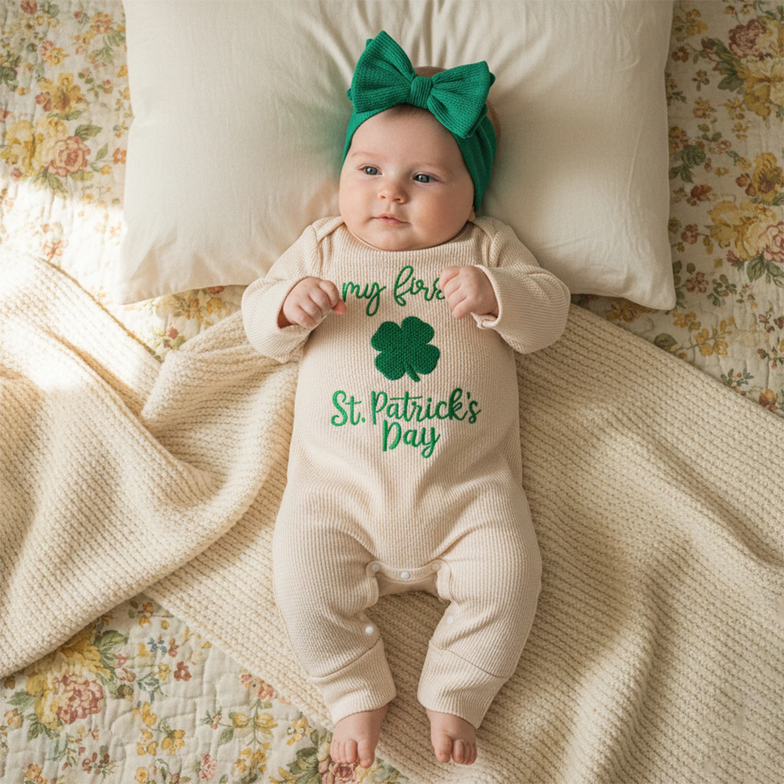 Baby Girl Spring Romper Long Sleeve O Neck Letter Clover Embroidery Jumpsuit with Headband Costume