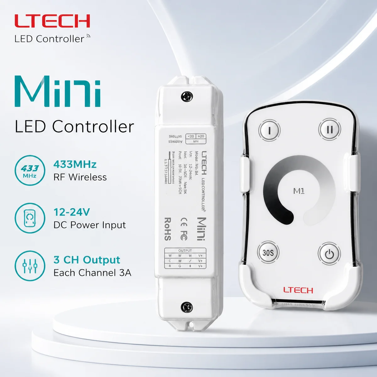 LTECH LED Single Color Strip Dimmer DC 12V 24V 3A 3 Channel 5050 2835 Strip Lights PWM Signal Controller With RF 4-Key Remote