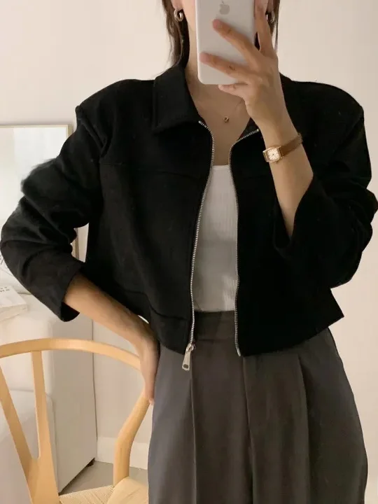 

Faionable Korean Sle ort Coat Jaet Women's Bla Slimming Design Suit Collar Vintage Hong Kong Sle Top