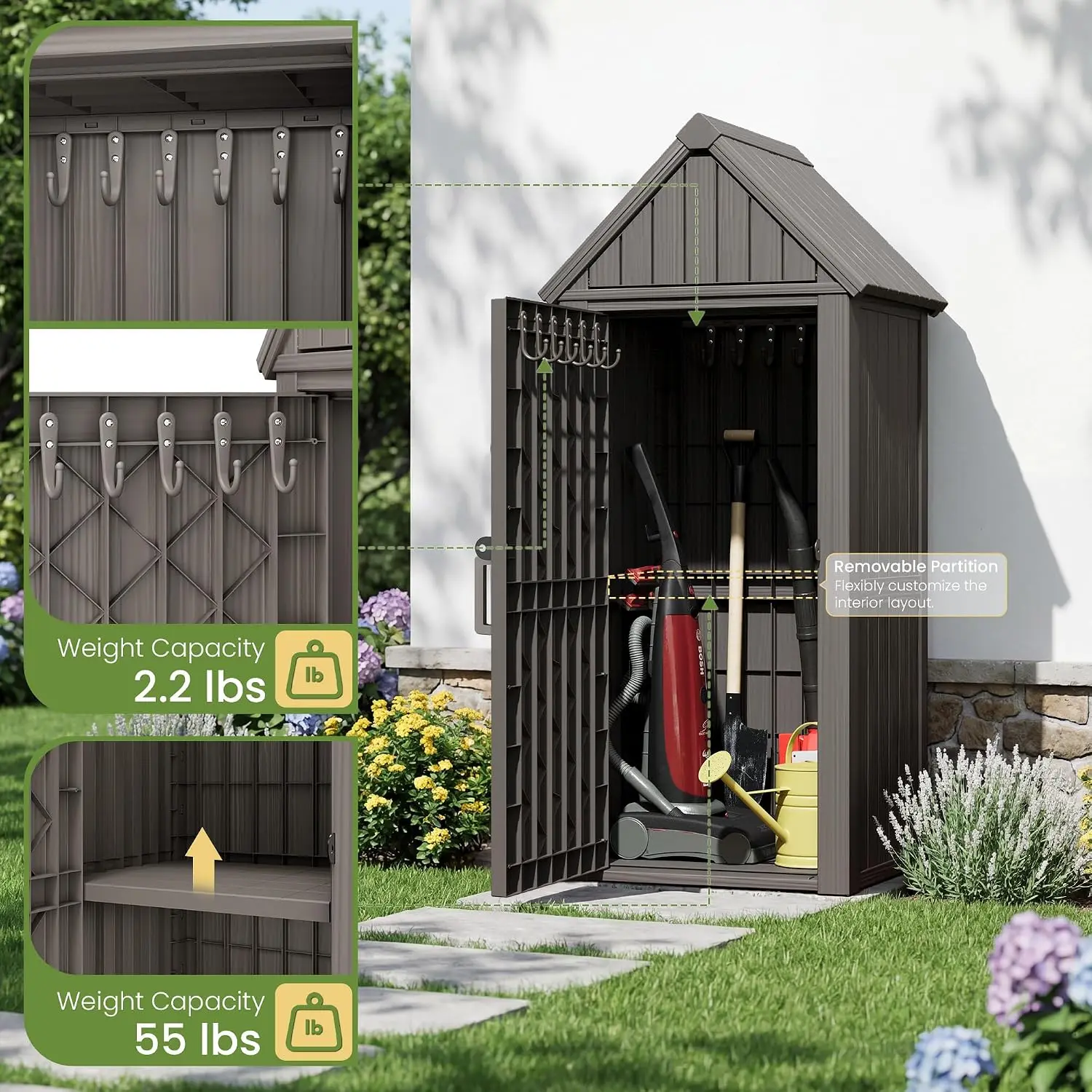 Outdoor Resin Storage Cabinet Sturdy All-Weather Shed with Removable Shelves Lock Ring & Reinforced Floor – for Garden, Custom