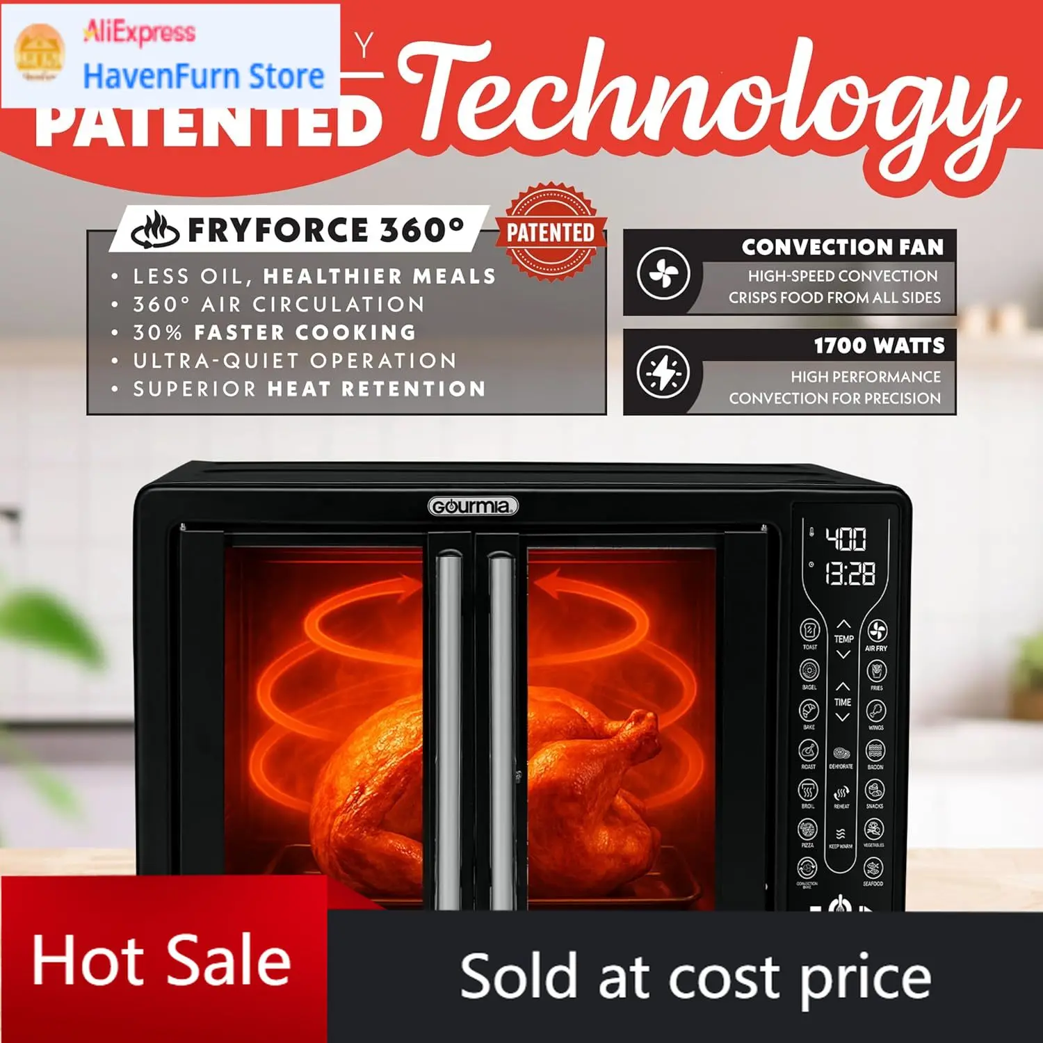 

Акционная цена: Фритюрница Gourmia French Door Air Fryer – конвекционная печь большой емкости 25 кварт, Fryforce 360 ° Цифровой дисплей с 17 функциями приготовления