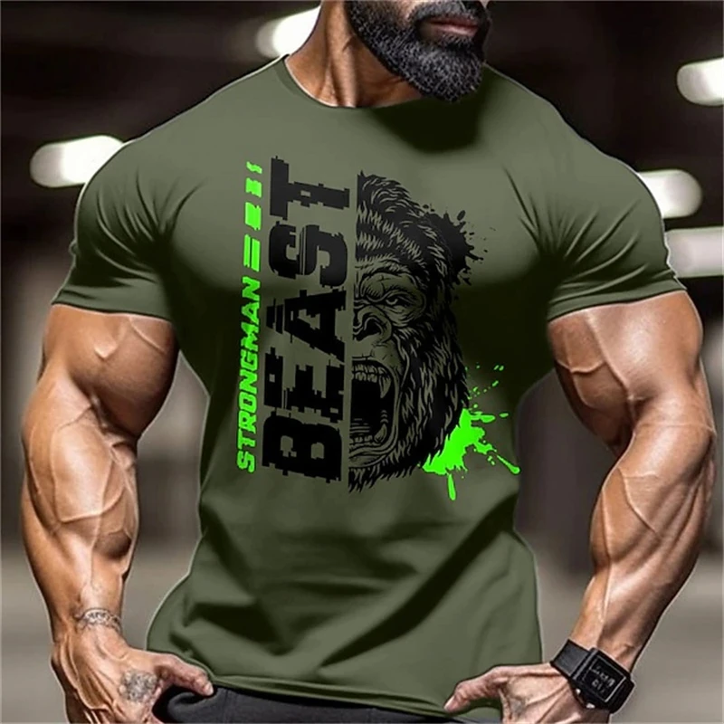 Strongman Beast Gorilla T Shirt Men's Gym Fitness Graphic Tee Short Sleeve Crew Neck Bodybuilding Workout Muscle Training Street