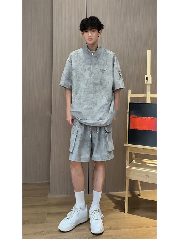 

Summer Grey Dyed Shirt And Shorts Set for Men Casual Sportswear Short Sleeve Zipper Workwear Style Teenager Size