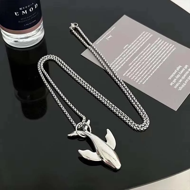 Stainless Steel Silver Color Whale Pendant Necklace for Men Women Fashion Metal Smooth Small Whale Long Sweater Chain
