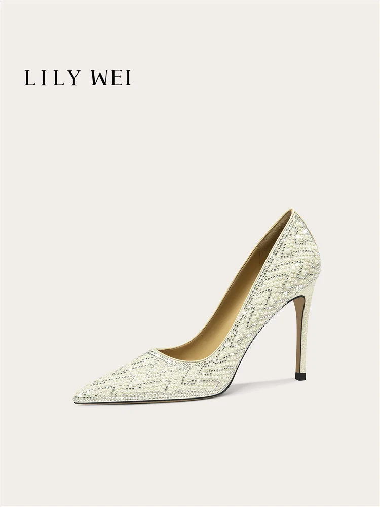 Stiletto heels spring new pointed toe shallow mouth pearl rhinestone wedding shoes banquet large size small size women's shoes
