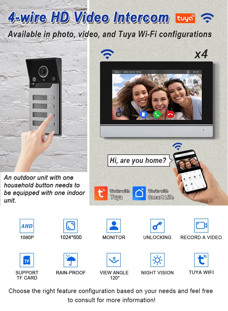 7Inch IPS Screen 2MP1080p Tuya APP Remote Control 4Wired AHD WIFI Doorbell Intercom Video  Door Phone Visual Door Viewer Camera