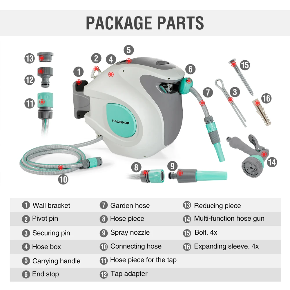 Imagem -02 - Haushof-retrátil Jardim Mangueira Reel Mangueira Mecanismo de Bloqueio Roll-up Pistola de Pulverização Automática Parede 20 Mais 2m em 1