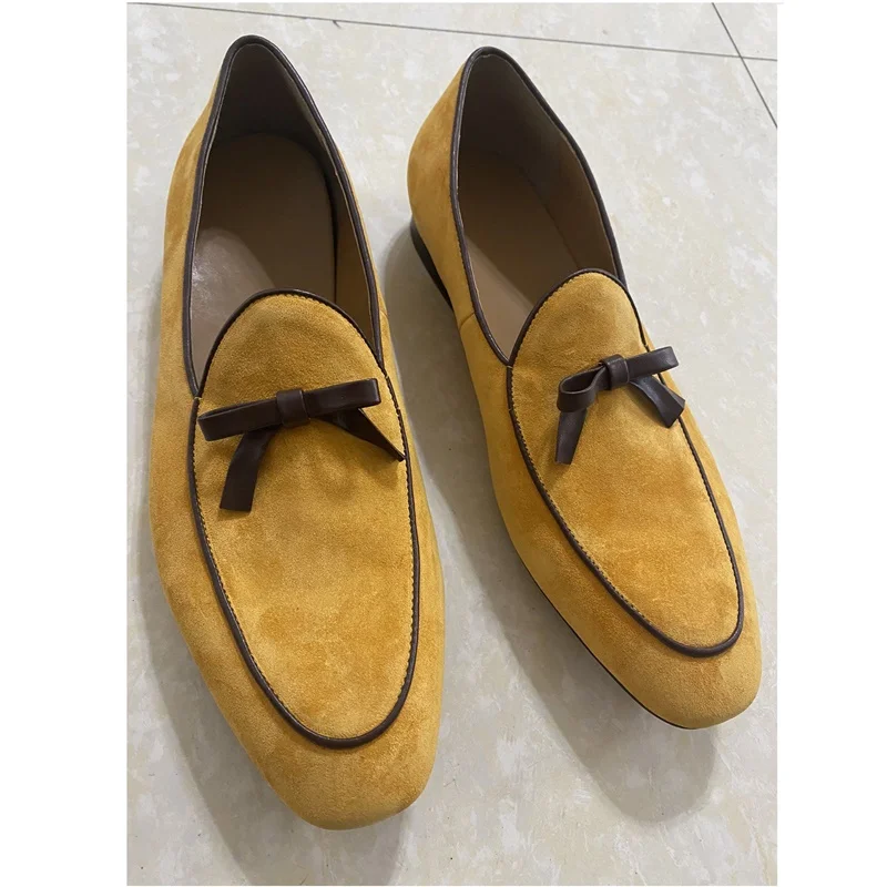 LOUBUTEN Yellow Suede Mens Loafer Shoes Luxury Fashion Bowknot Slip On Leather Casual Shoes Handmade Gentlemen Dress Shoes