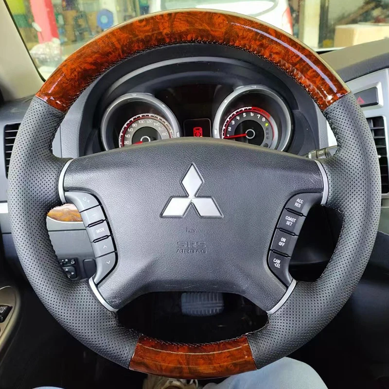 for-mitsubishi-pajero-2007-2014-galant-2008-2012-hand-stitched-black-genuine-leather-peach-wood-grain-car-steering-wheel-cover