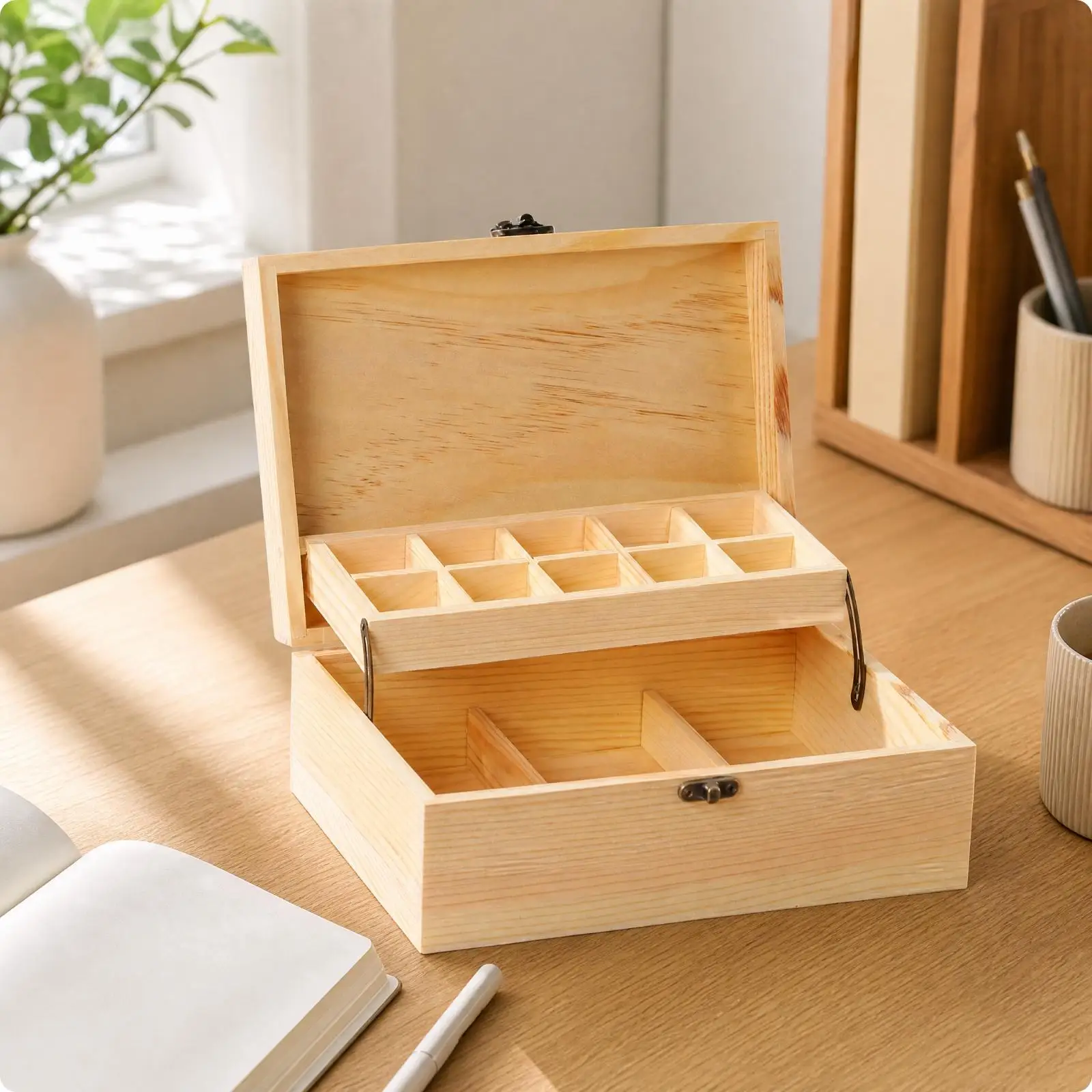 Desktop Organizer Compact Wooden Storage Box with Hinged Lid Natural Wood Storage Box with Hinged Lid Sturdy for Desk, Vanity