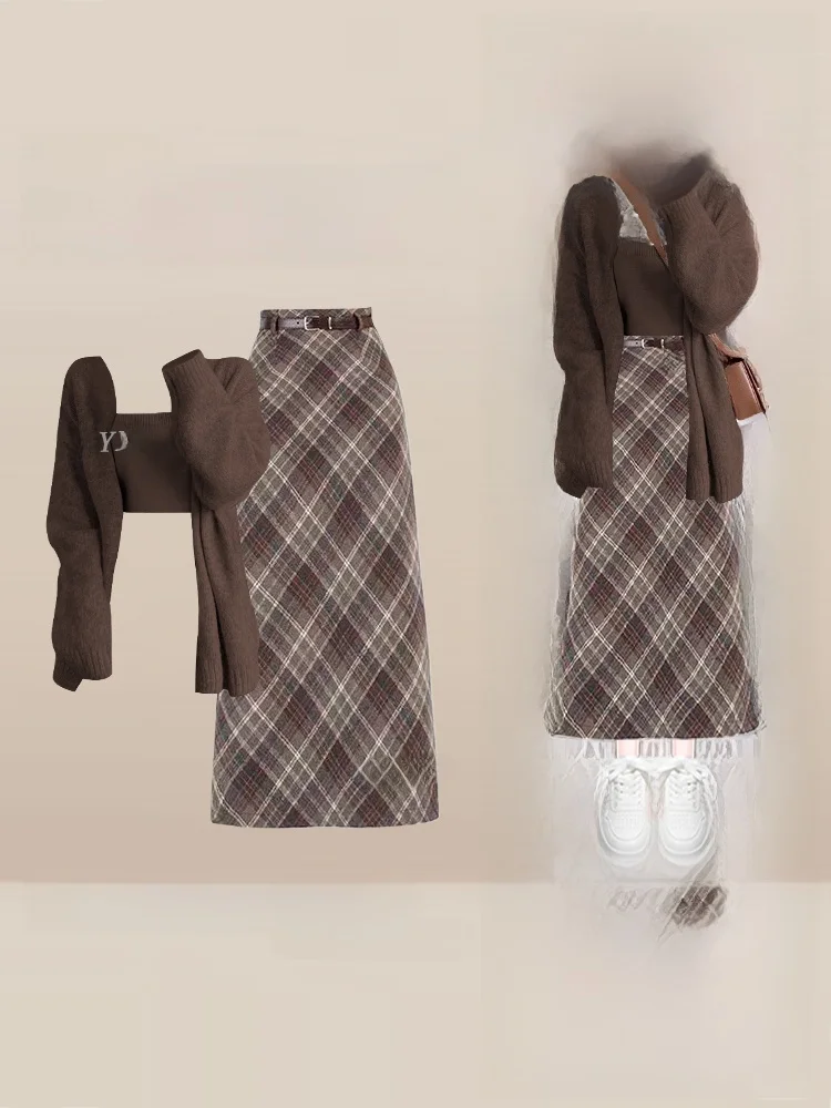 

Вязаный комплект Ele: женская осенне-зимняя юбка в клетку с завышенной талией и эффектом утончения, повседневный модный костюм