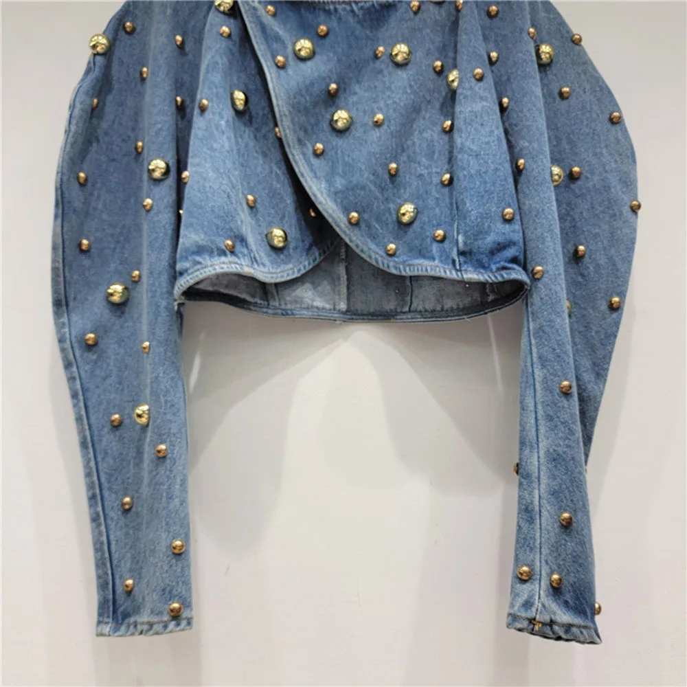 Vintage Round Nail Rivet Short Denim Jacket For Women Y2k High Street Bubble Sleeve Coat Autumn Spring New Female Clothing Trend