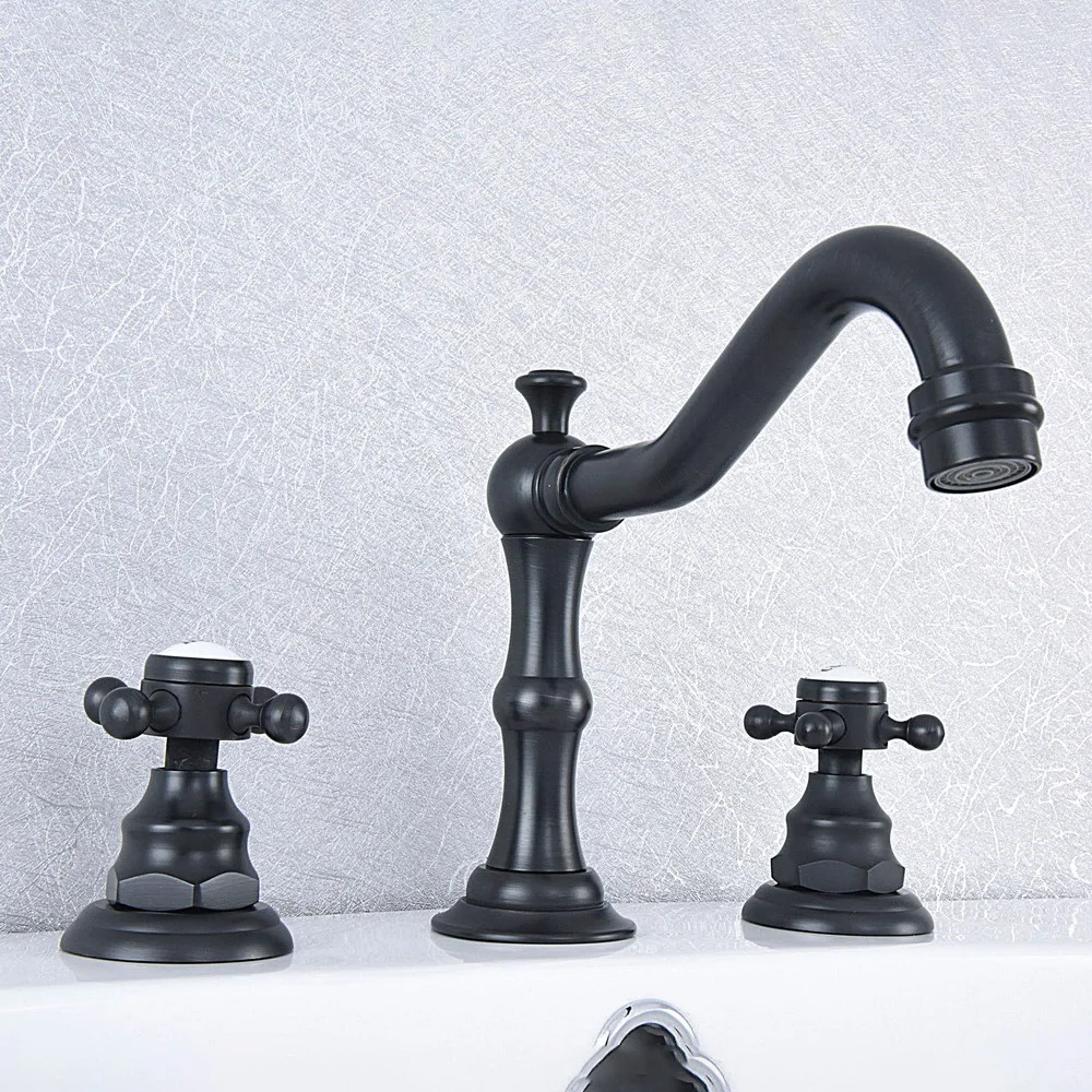 Black Oil Rubbed Bronze Deck Mounted Widespread Bathroom Sink Faucets 3 Hole Double Handle Hot And Cold Water Tap Lsf541