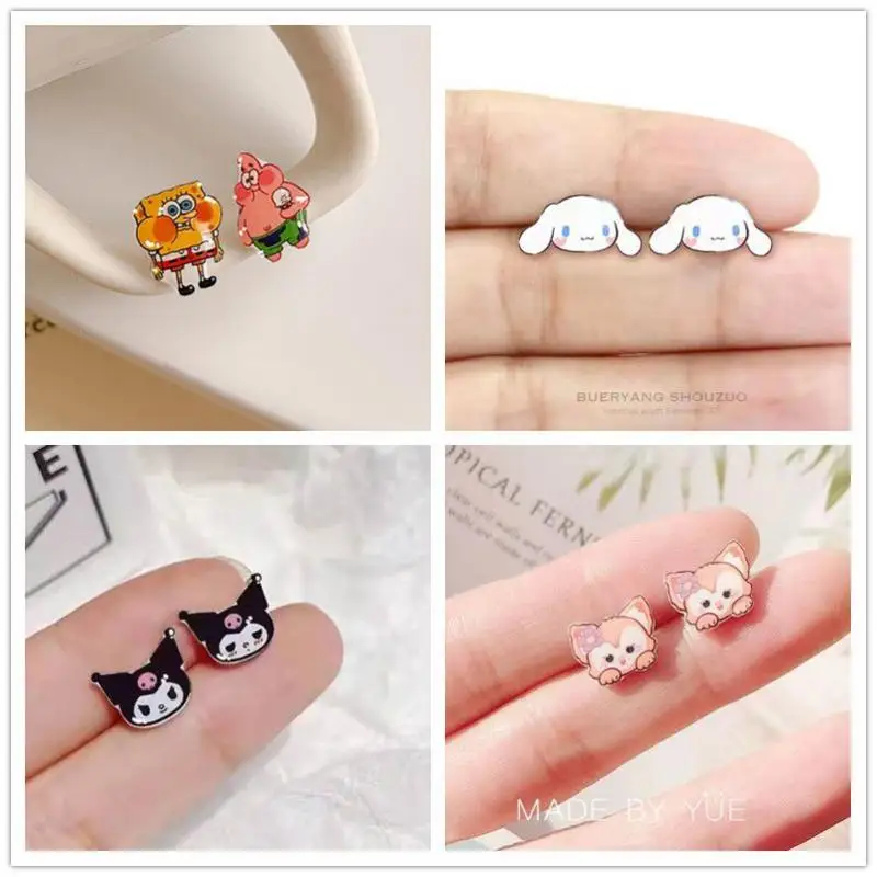 Anime Hello Kitty Kuromi Kawaii Cinnamoroll Melody Earrings Ear Clip Cartoon Cute 925 Sterling Silver Girls' Earring Accessories