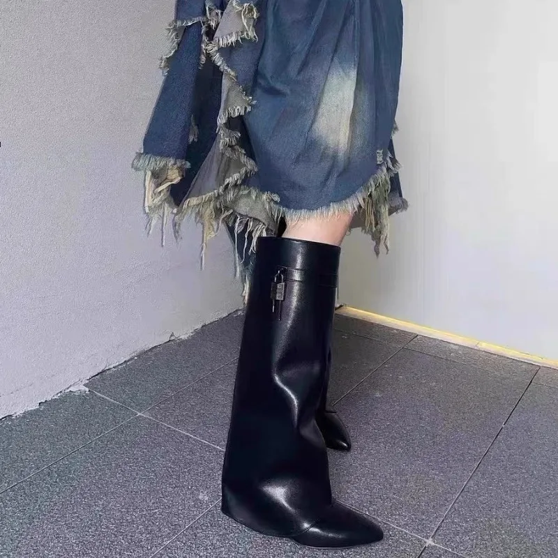 Comfort Slip on Long Boots Women Designer Gothic Motorcycle Knee High Footwear Office Outdoor Casual Shoes Available in 35-41