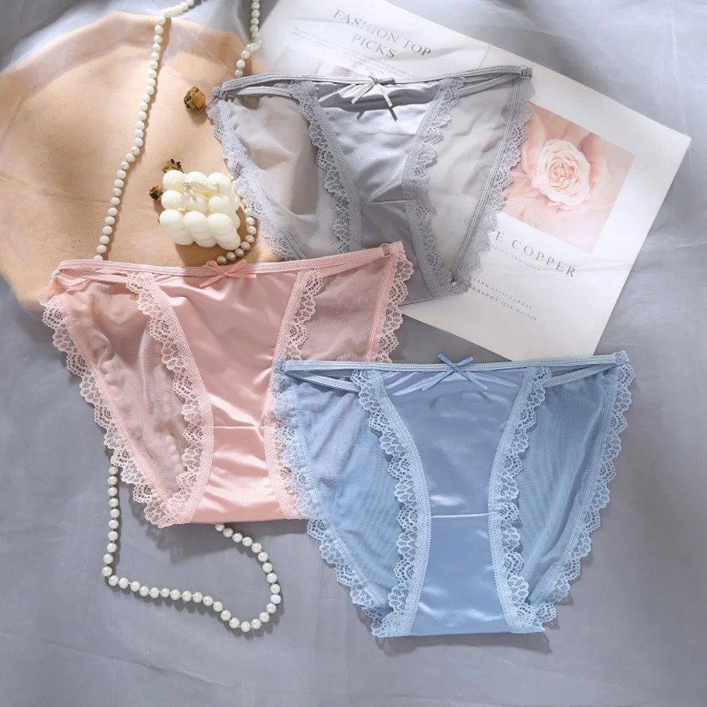 Lovely Underpants Ribbon Bow Solid Color Mid-waist Lingeries Sweet Briefs Women Lace Panties Korean Underwear Ice Silk Panties