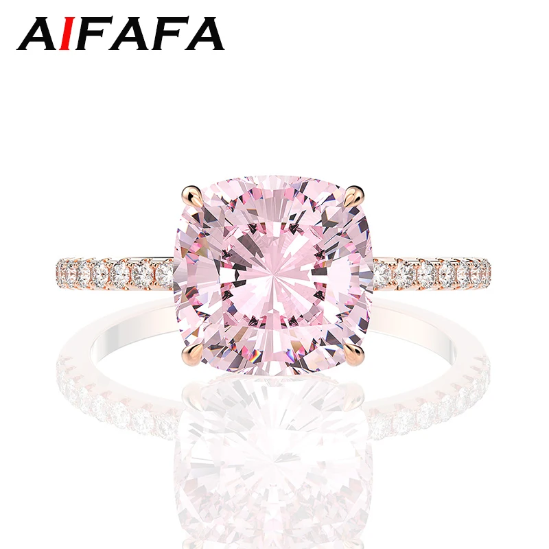 

AIFAFA 100% 925 Sterling Silver 18K Rose Gold Rings For Women Sparkling 10*10mm Pink High Carbon Diamond Proposal Fine Jewelry