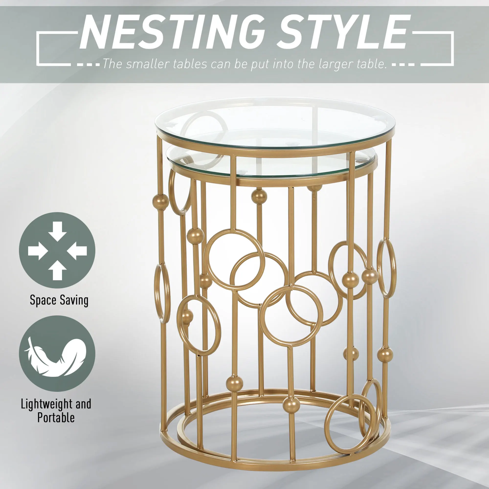 HOMCOM Set of 2 Gold Nesting Coffee Table, Side Tables W/ Tempered Glass Top