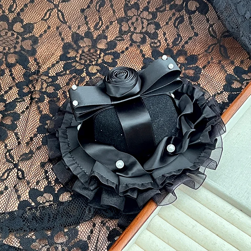 Gothic Black Lolita Mini Top Hat with Lace Ruffle And Rose Bow Decor Elegant Hair Accessory for Women