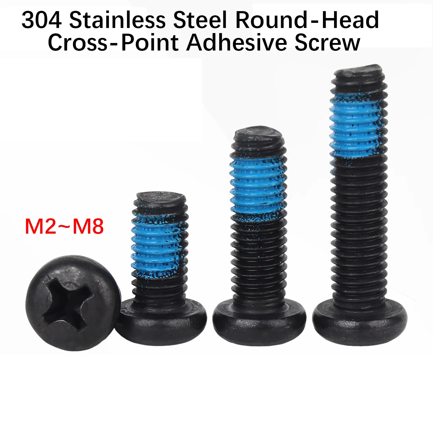5-100pcs 304 Stainless Steel Round-Head Cross-Point Epoxy Black Anti-Loosening Shockproof Threaded Adhesive Black Screws M2-M8
