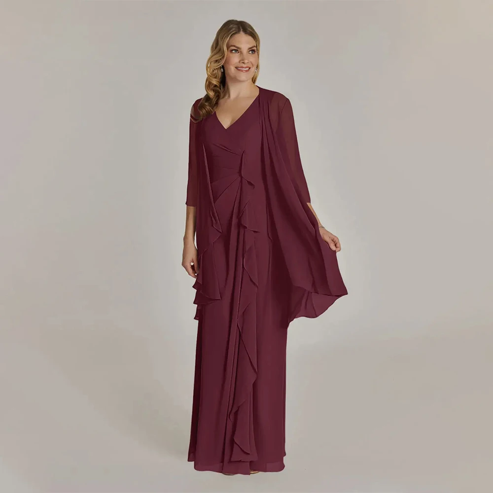 Mother Of Bride Dresses Wedding V-Neck Half Sleeve Ruffle Chiffon With Jacket Mother Dress Pleated Formal Party Cocktail Gowns