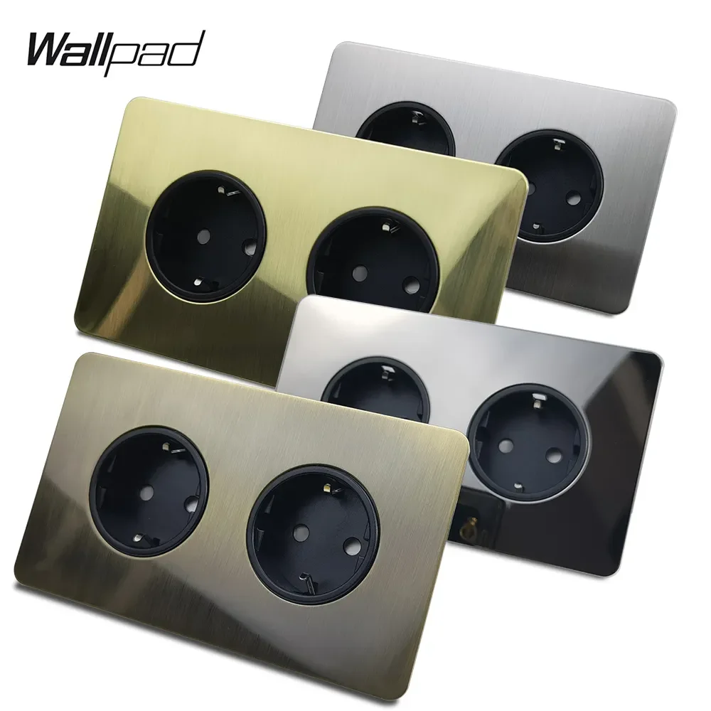 Wallpad Antique Brass Stainless Steel Panel 146x86mm Double Electrical Socket Outlet EU Plug