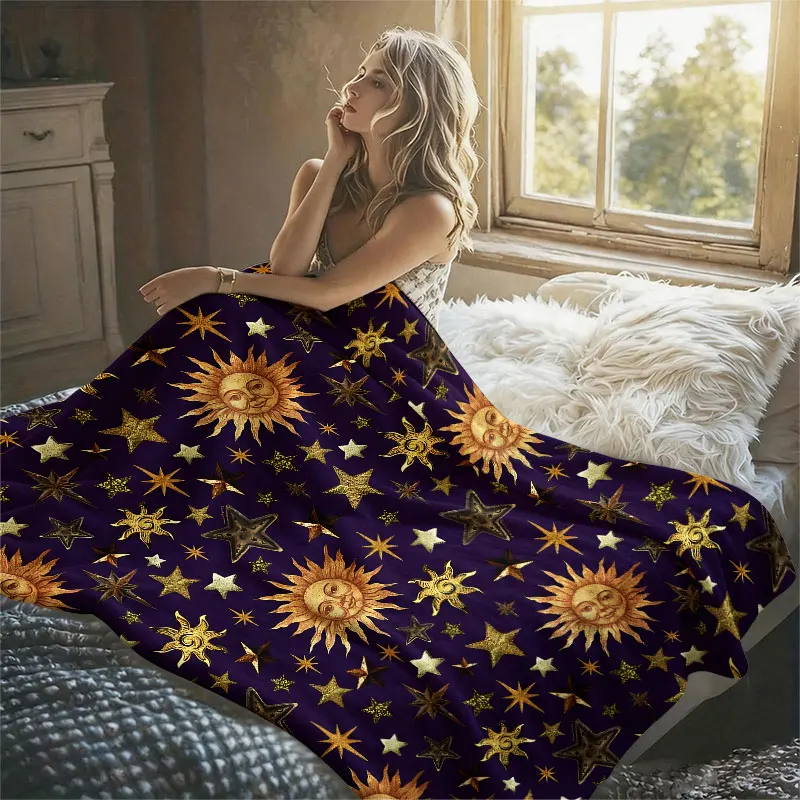 Vintage Sun Star Flannel Blanket Perfect for Sofa Office Bed Travel Sleep Read Relax Camping Four Season Use