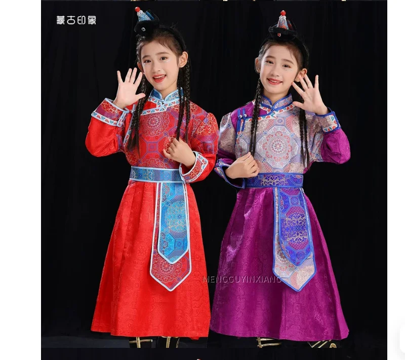 Chinese Ethnic Style Girl Mongolian Traditional Dance Costume Long Sleeved Stand Up Collar Skirt
