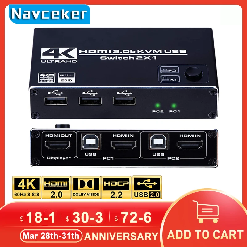 2022 4K 60Hz KVM Switch HDMI 2 Port HDMI KVM Switch USB  PC Computer KVM Switch Keyboard Mouse Switcher Box for Laptop,PS4,Xbox