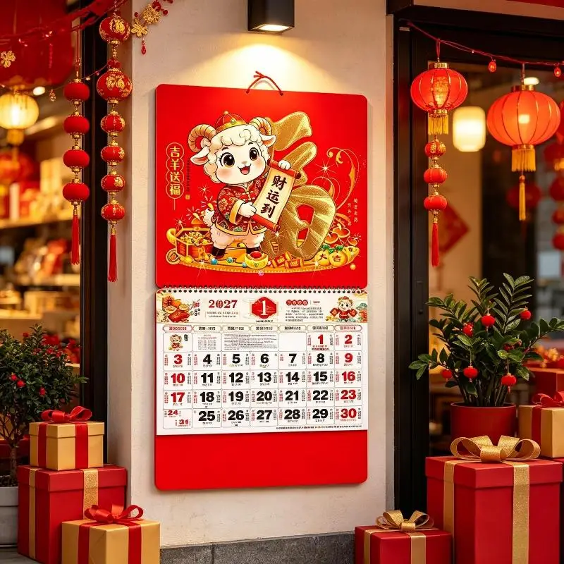 New 2027 Sheep Year Wall Calendar Tear-Off Coil Fu Symbol Wall Hanging Calendar Chinese Lunar New Year Monthly Planner