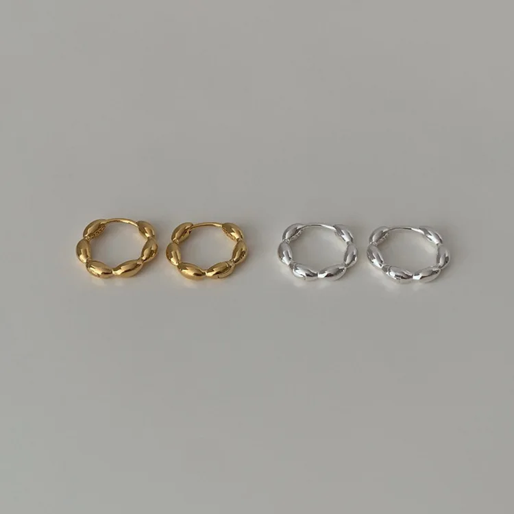

925 Silver Needle Olive Beads with Rice Grains Huggies Hoop Earrings for Women Fine Jewelry Geometric Ear Buckle Accessories