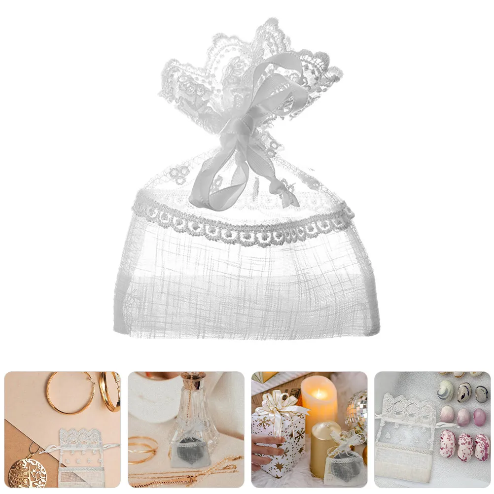 2Pcs Organza Drawstring Jewelry Bags Elegant Lace Trim Mesh Pouches for Wedding Party Favors Small Gifts Candy Earrings Storage